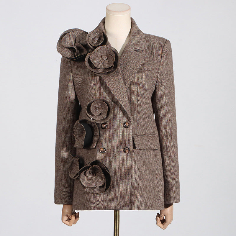 Blazer croisé pour femme, fait à la main, avec coutures décoratives florales tridimensionnelles, pour le bureau d'automne