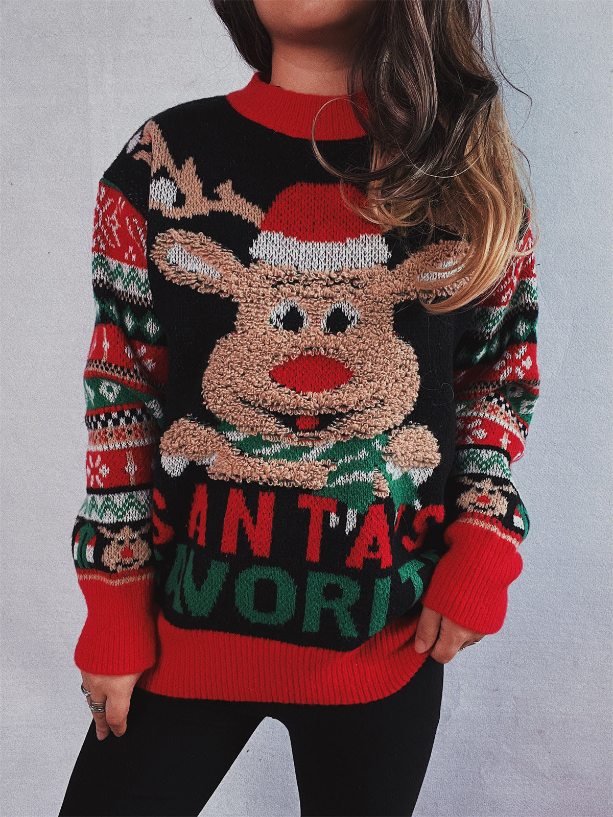 Arrival Autumn Winter Cartoon Reindeer Flocking Sweater Christmas Sweater round Neck Pullover Sweater