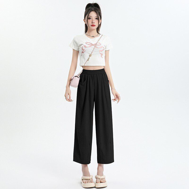 Elastic Waist High Waist Wide Leg Pants Cropped Drape Small Lazy And Loose