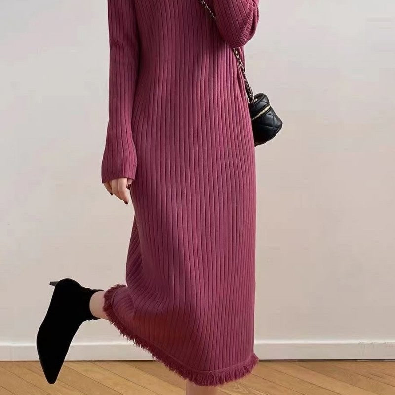 Autumn Winter Mock Neck Sweater Women Mid Length below the Knee Coat Base Ride Tassel Dress Swing Knitted Dress