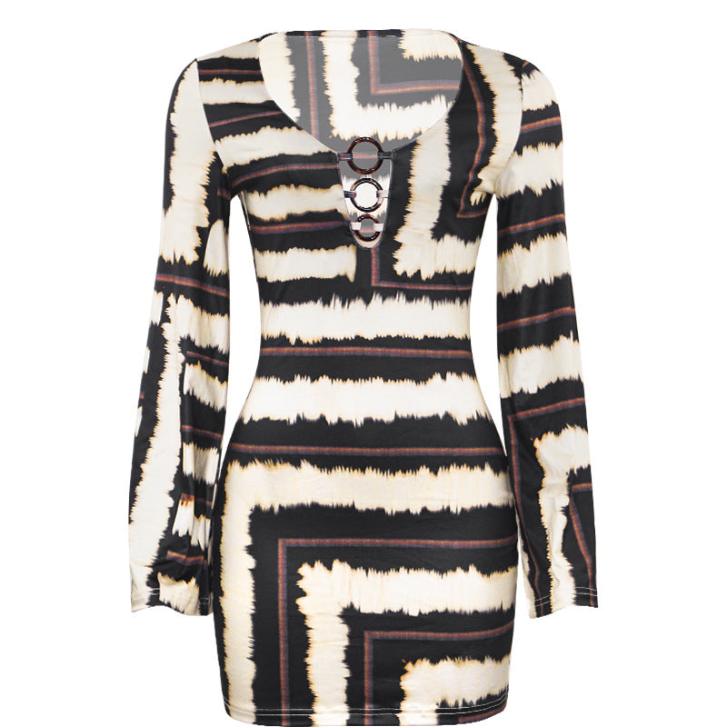 Autumn round Neck Long Sleeve Striped Printed Slim Short Women Clothing Dress