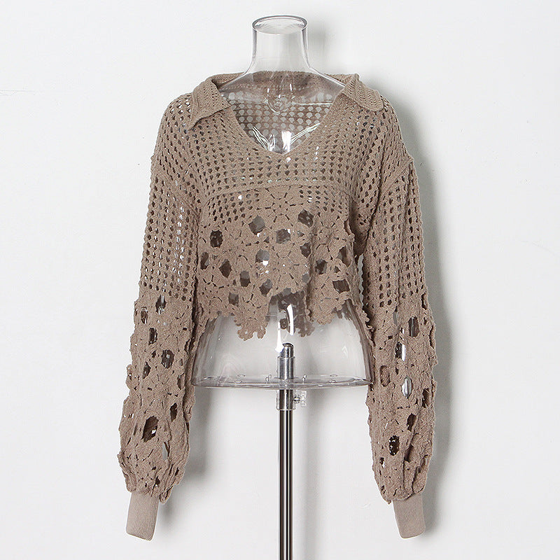 Women Knit Spring Summer Hollow Out Crocheted V neck Short Women Sweater