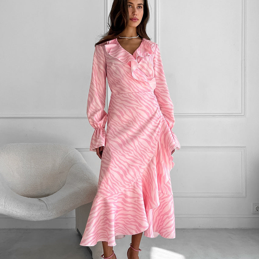 Gentle Pink Elegant Ruffled V Neck Flared Sleeves Fishtail Dress Autumn Lace Up Maxi Dress