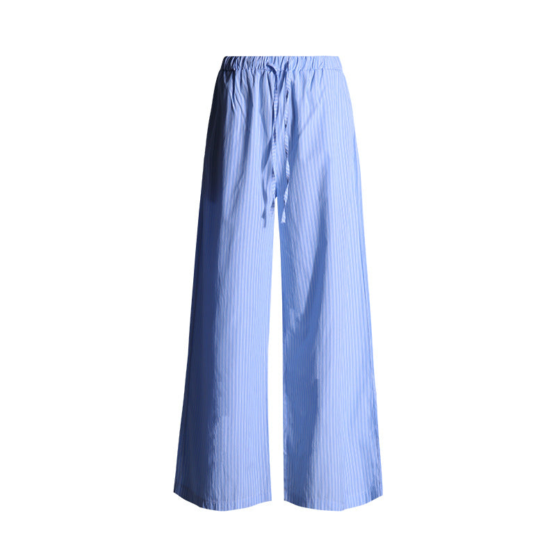 Pantalones casuales a rayas azules cintura alta suelta para mujer