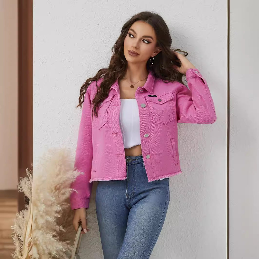 Manteau en jean court rose pour femme, amincissant, tendance, printemps