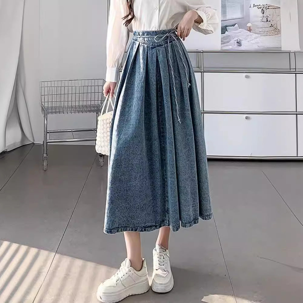 Women's Temperament High Waist Denim Pleated Mid-length Skirt