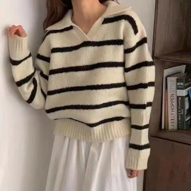 Autumn Winter Fashionable Retro Polo Collar Contrast Color Striped Sweater Women Long Sleeve Sweater Top