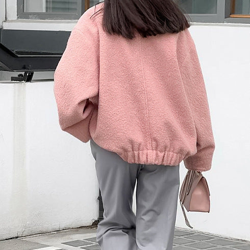 Abrigo elegante de otoño con cuello alto pequeño de terciopelo rosa suelto tridimensional para oficina y manga larga para mujer