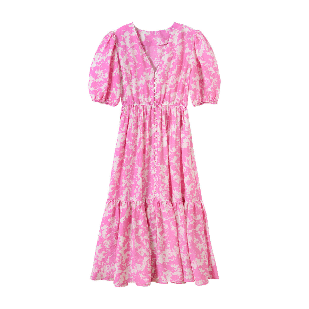 Spring And Summer New Layered Long Dress Printed Puff Sleeve Rose Red