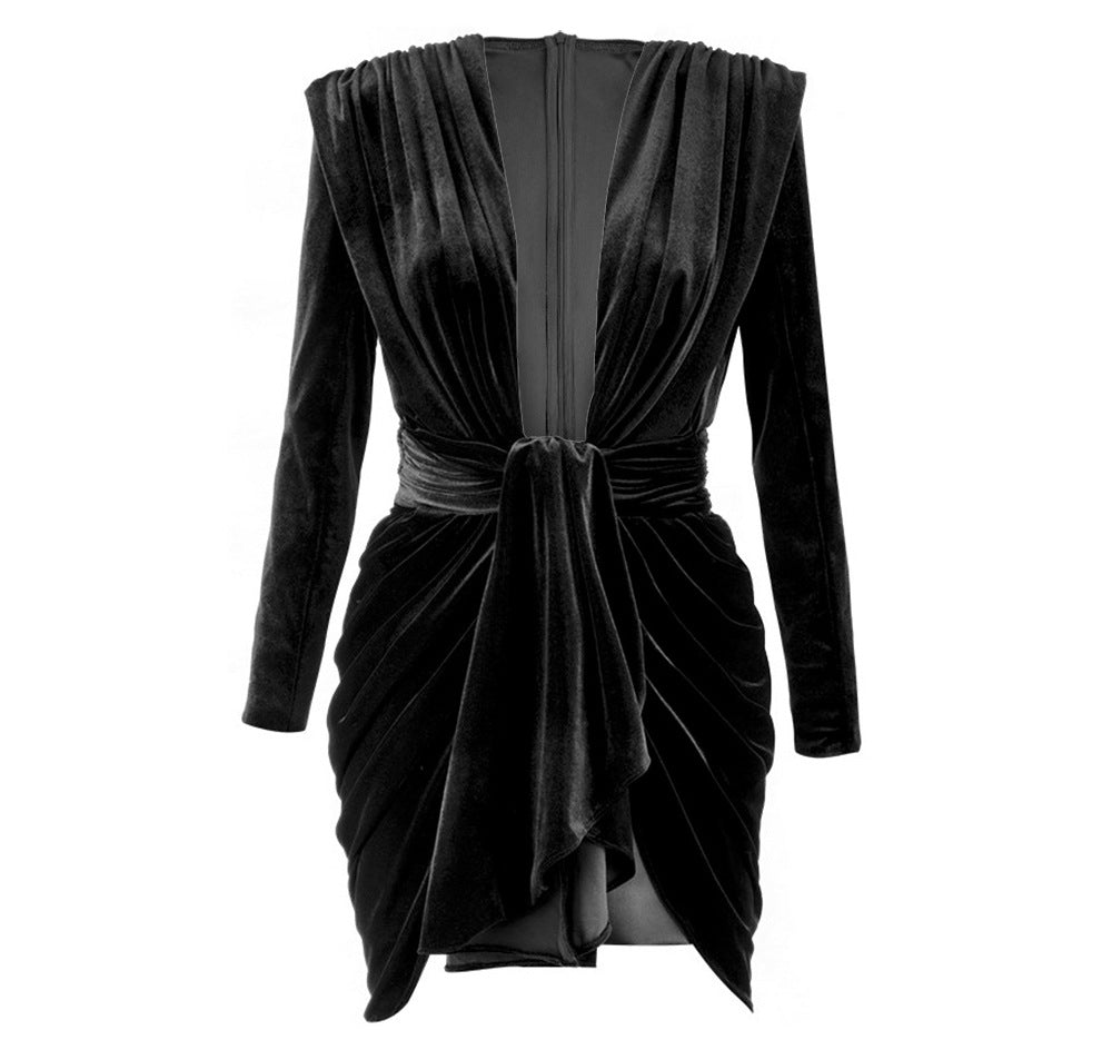 Women's V-neck Black Velvet Pleated Zou Sheath Dress