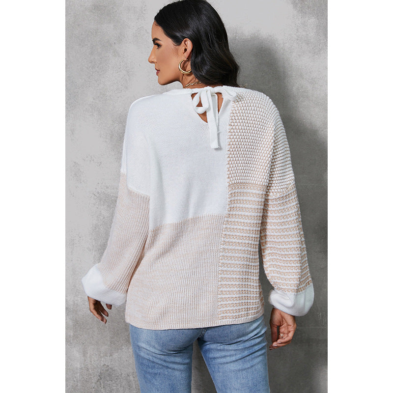 Autumn Knitted Drop Shoulder Sweater Women Hollow Out Cutout out Tied Long Sleeved Top Women