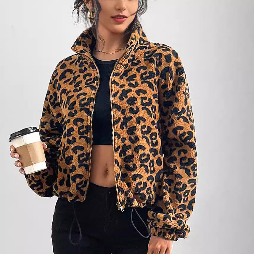 Ropa de mujer Otoño Invierno Cárdigan holgado con cremallera Abrigo de felpa con estampado de leopardo