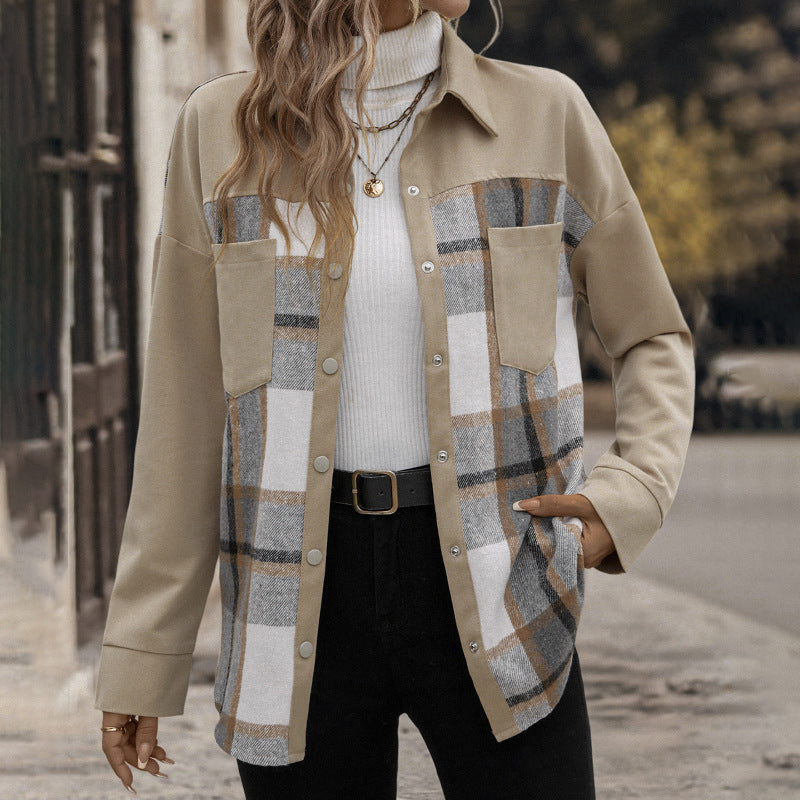 Collared Patchwork Plaid Top Autumn Winter Long Sleeve Outer Women Clothing All Matching Casual Cardigan Coat