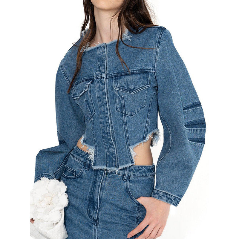 Spring Personality Trendy O neck Short Pocket Stitching Long Sleeve Denim Coat