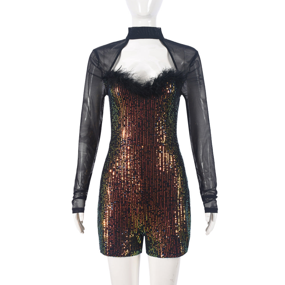 Autumn Christmas Element Long Sleeve Cutout Half Turtleneck Sequin Stitching Mesh Jumpsuit