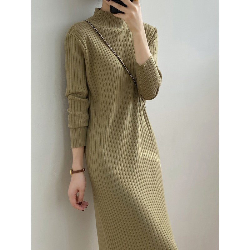 Autumn Winter Mock Neck Sweater Women Mid Length below the Knee Coat Base Ride Tassel Dress Swing Knitted Dress