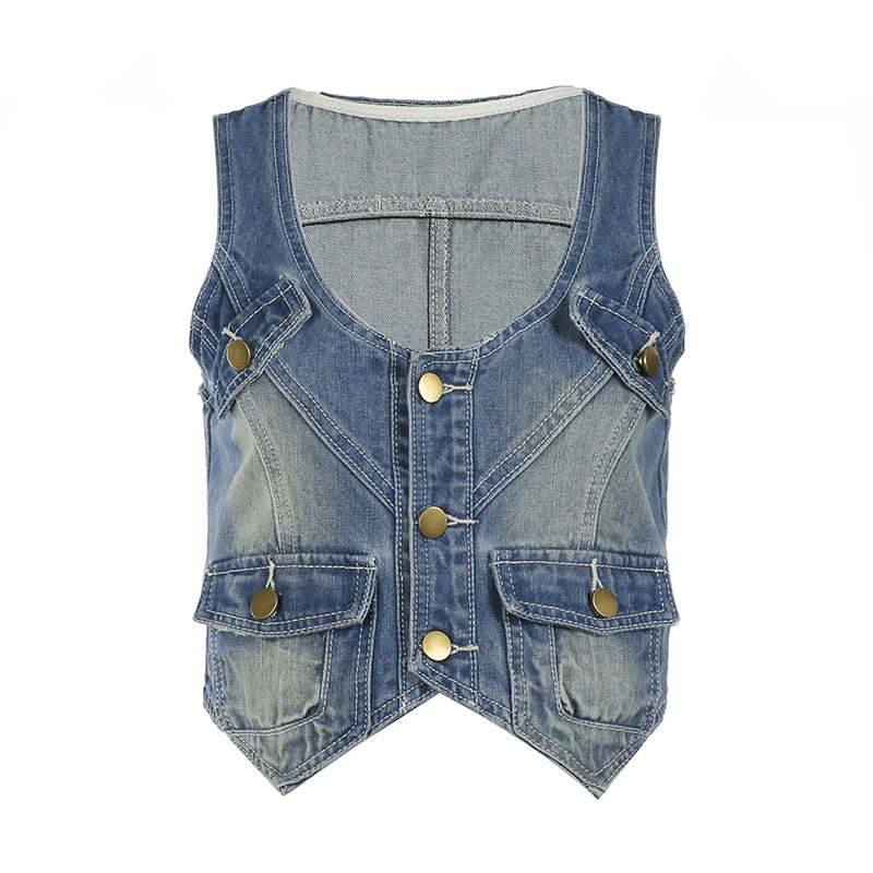 Wash Color Workwear Buckle Bag Denim Vest Women Sexy Personality Wear Irregular Asymmetric Top