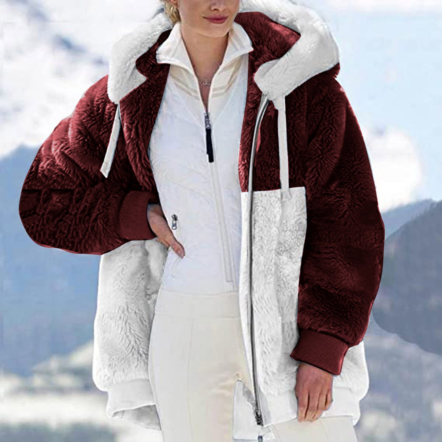 Manteau à capuche en peluche à fermeture éclair pour femme, ample, assorti, automne et hiver