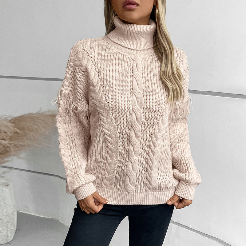 Drizzling Tassel Twisted Women Pullover Collared Sweater Autumn Winter Retro Long Sleeve Sweater