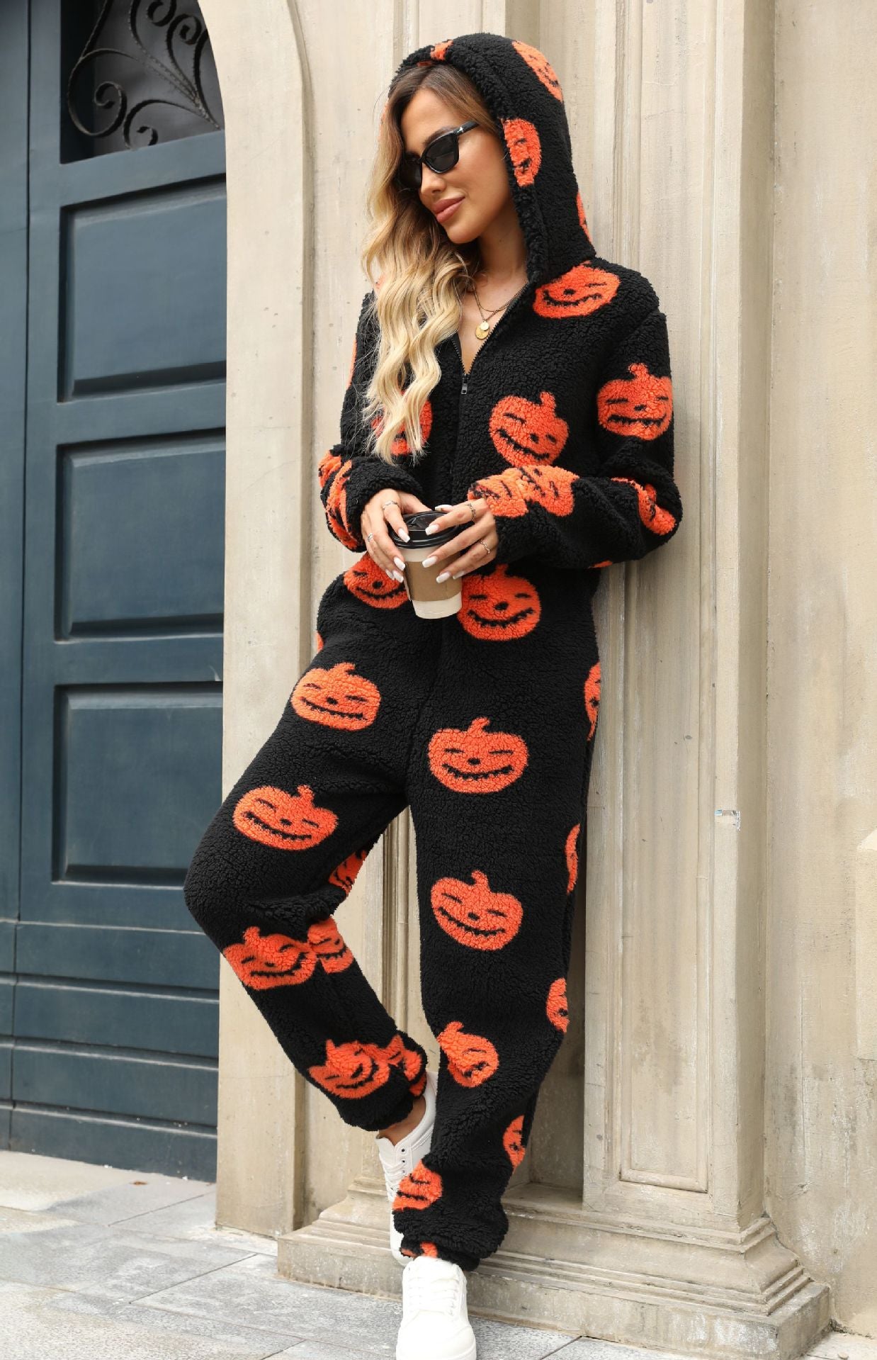 Vêtements pour femmes automne hiver Halloween citrouille imprimé ample fermeture éclair peluche combinaison