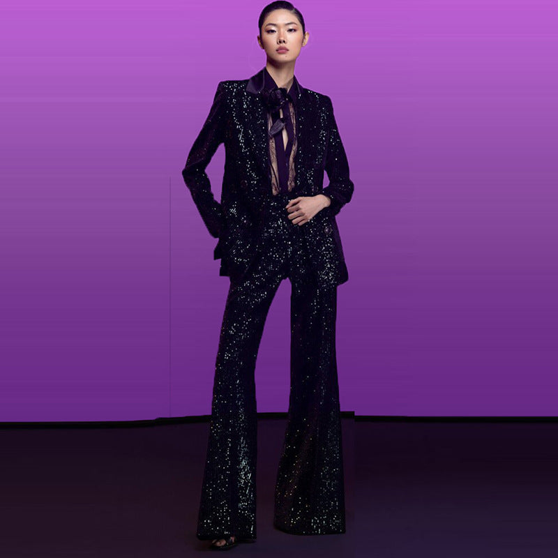 Goods Gold Velvet Sequined Double Breasted Blazer Slim Fit Skinny Pants Suit