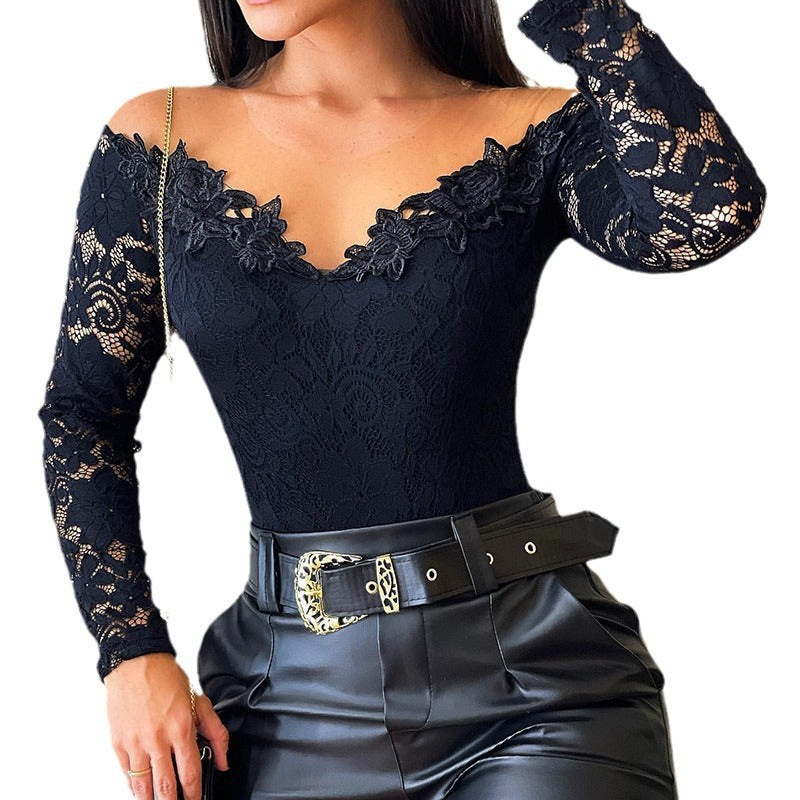 V Off-the-shoulder Long Sleeve Lace Jumpsuit