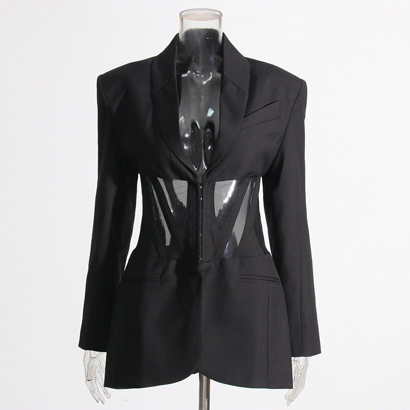 Autumn Boning Corset Waist Mesh Stitching See Through Design Blazer Mid Length Blazers