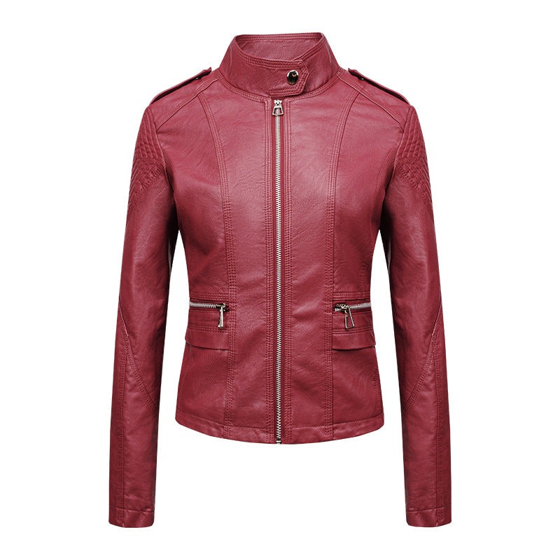 Veste en cuir slim pour femme Vêtements de moto pour femme Veste en similicuir pour femme Veste courte en cuir pour femme Three Line Craft