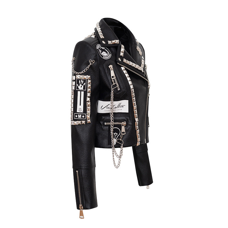 Automne hiver Rivets manteau Graffiti impression cuir manteau court mince ajustement Biker en cuir manteau femmes