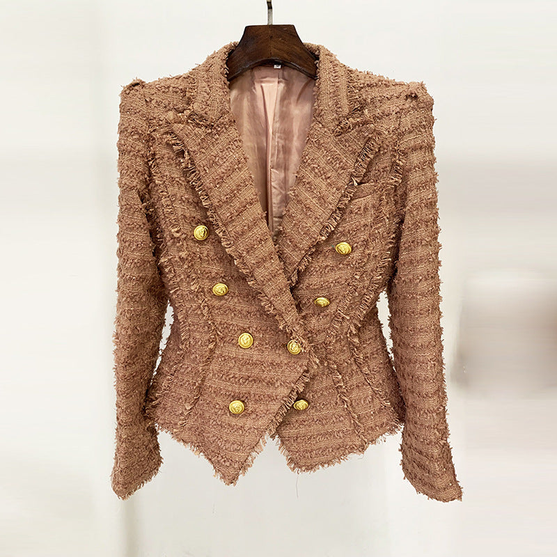 Blazer ajustado de tweed con flecos y borlas de estrellas para otoño e invierno, color rosa y marrón