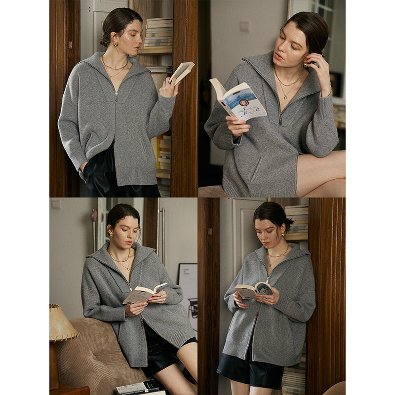 Double Zipper Lazy Fashionable Oversized Loose Profile Collared Knitted Cardigan Sweater