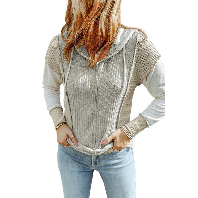 Early Autumn Color Matching Hoodie Women Casual Texture Knitted Long Sleeved Sweater Women