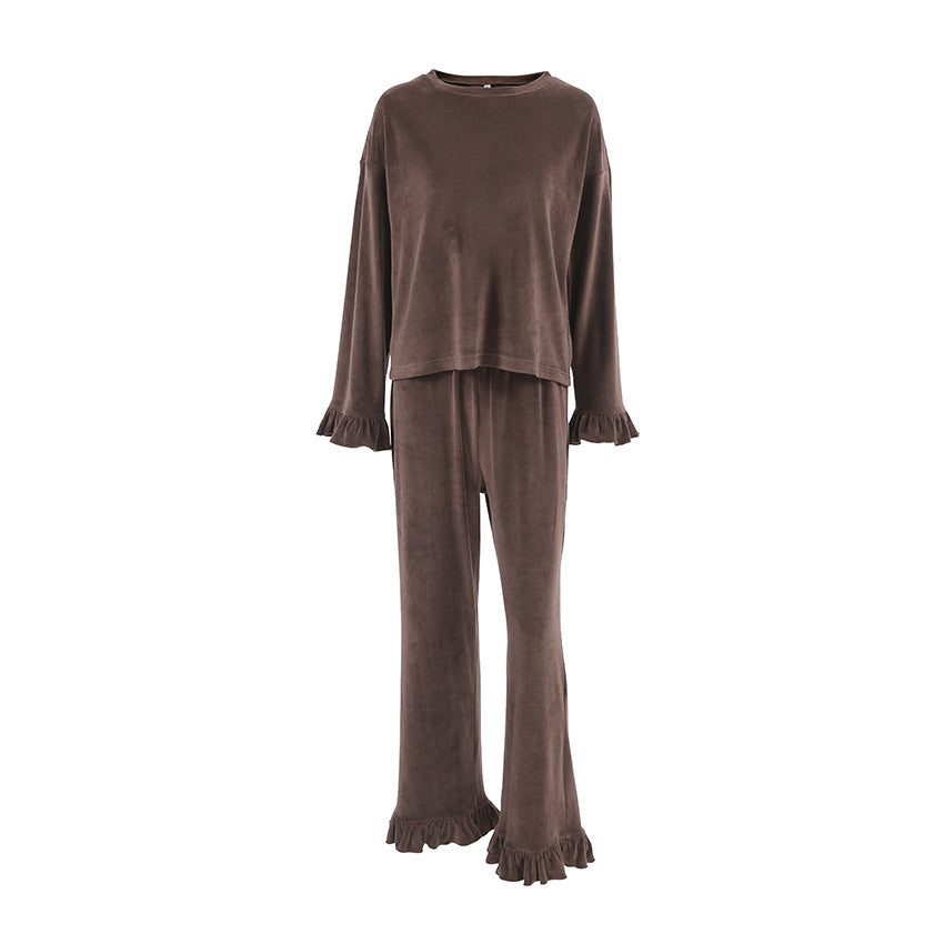 Autumn Knitted Ruffled Long Sleeved Trousers Home Wear Women Comfort Casual round Neck Pajamas