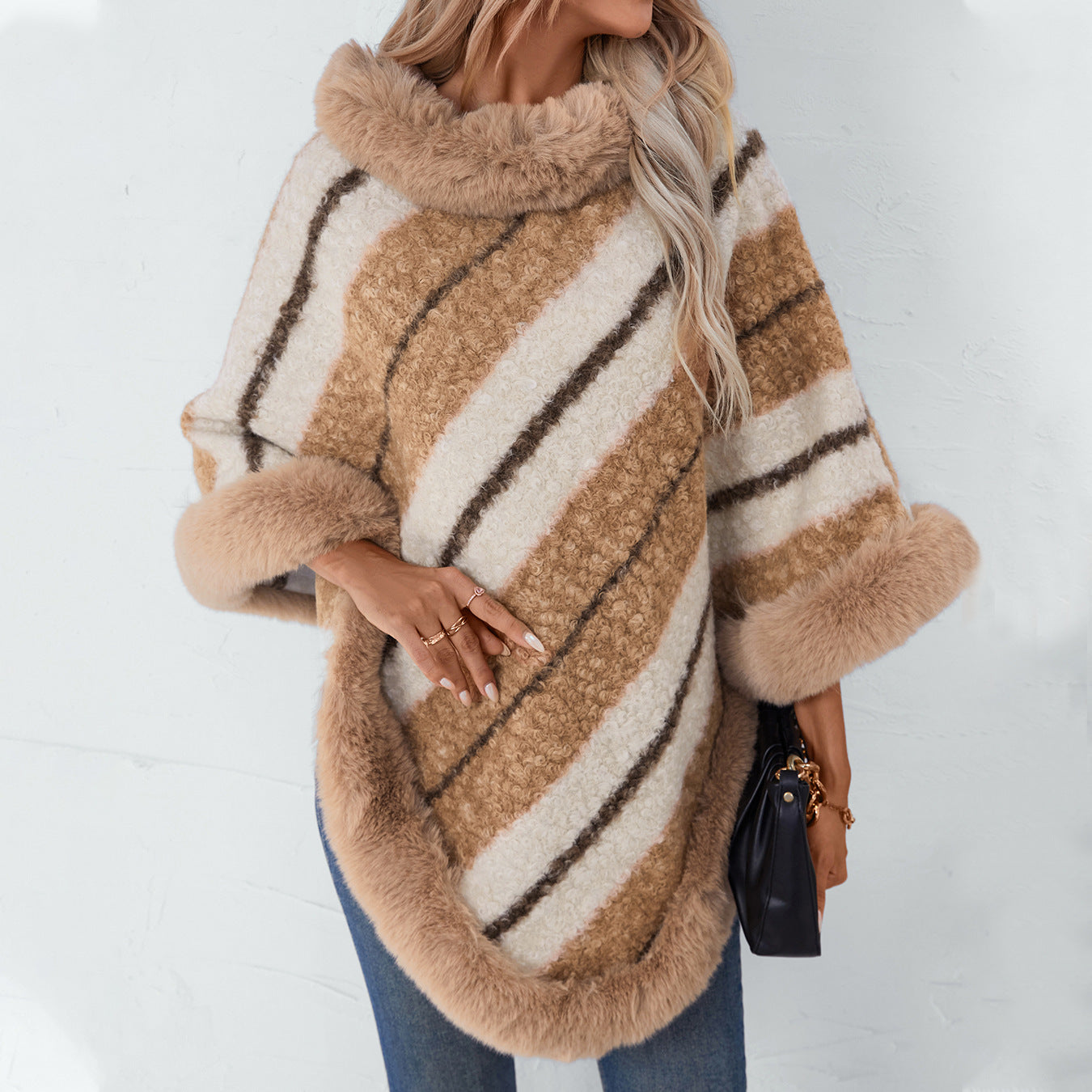 Suéter Inverness de punto a rayas con cuello de piel y capa informal para otoño e invierno para mujer