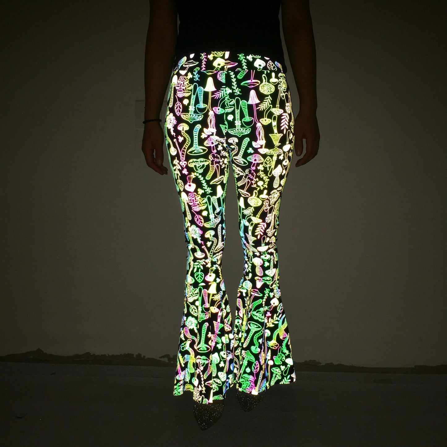 Colorful Reflective Bell-bottom Pants Women's High Waist Wide Leg Trousers