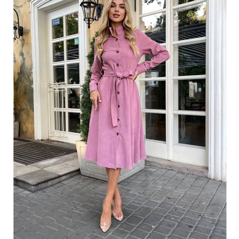 Vestido camisero con botones atados de color liso para mujer Otoño Invierno