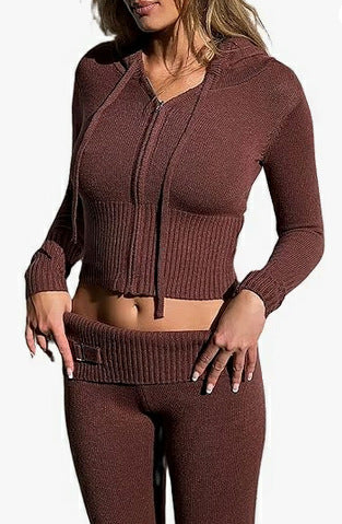 Trajes con capucha de punto para mujer, cárdigan de manga larga y pantalones de cintura alta, 2 uds.