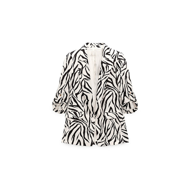 Summer Women Vintage Printed Animal Pattern Curling Sleeves Collared Casual Blazer