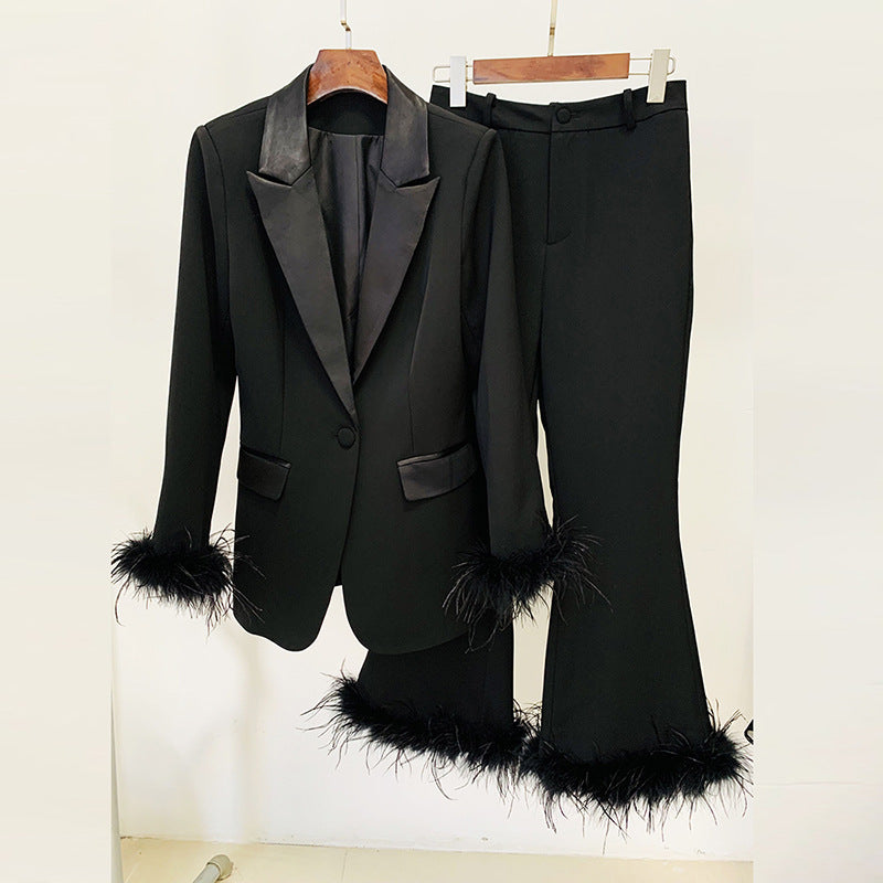 Goods Star True Feathers Ostrich Feather Blazer Cropped Pants Set Two Piece Set