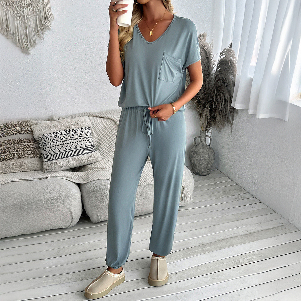 Spring Autumn Two Piece Set Women Clothing Casual V neck Top Ankle Tied Trousers Sets