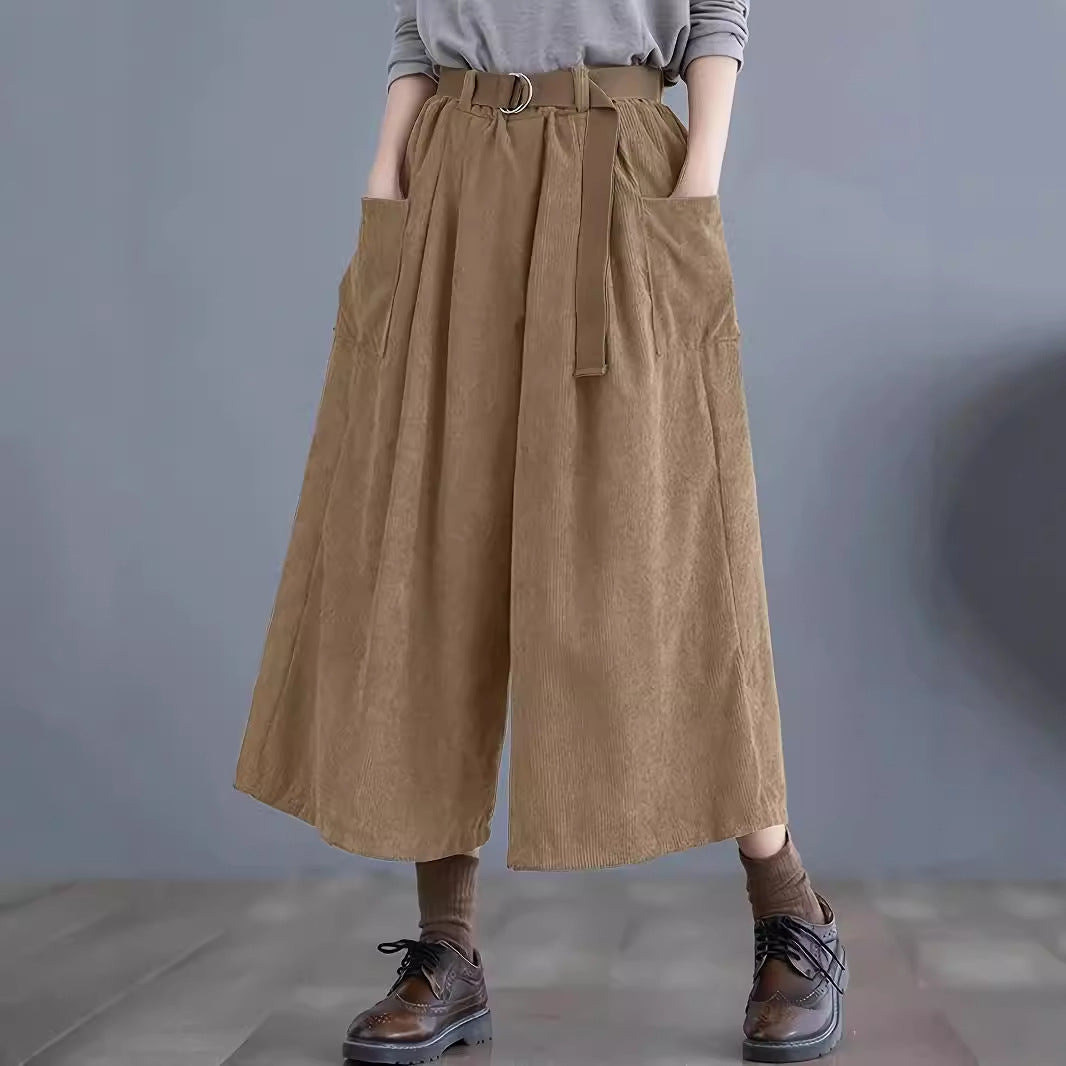 Autumn Winter Solid Color Cropped Wide Leg Pants with Pockets Yamamoto Casual Corduroy Belt Pants