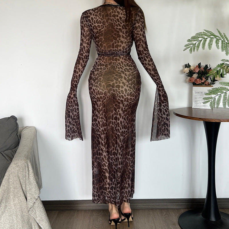 Autumn Winter Women Clothing Leopard Print Mesh Lace Sexy V neck Tied Long Sleeves Dress Women