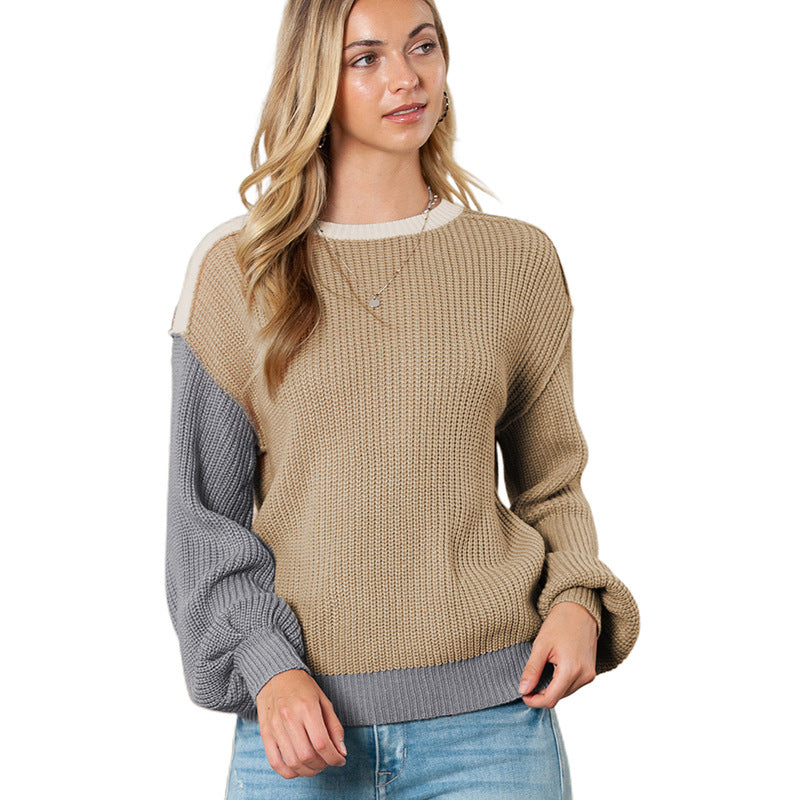 Pull à blocs de couleurs d'automne pour femme, décontracté, assorti, chaud, à manches longues