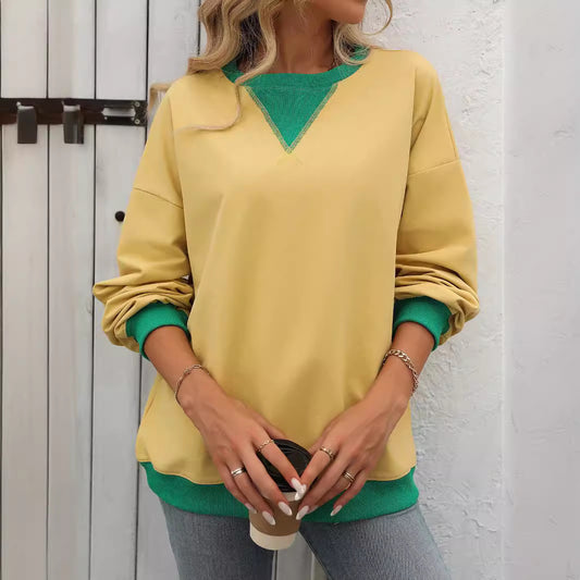 Autumn Winter Solid Color Round Neck Fork Loose Sweatshirt Sweater Women