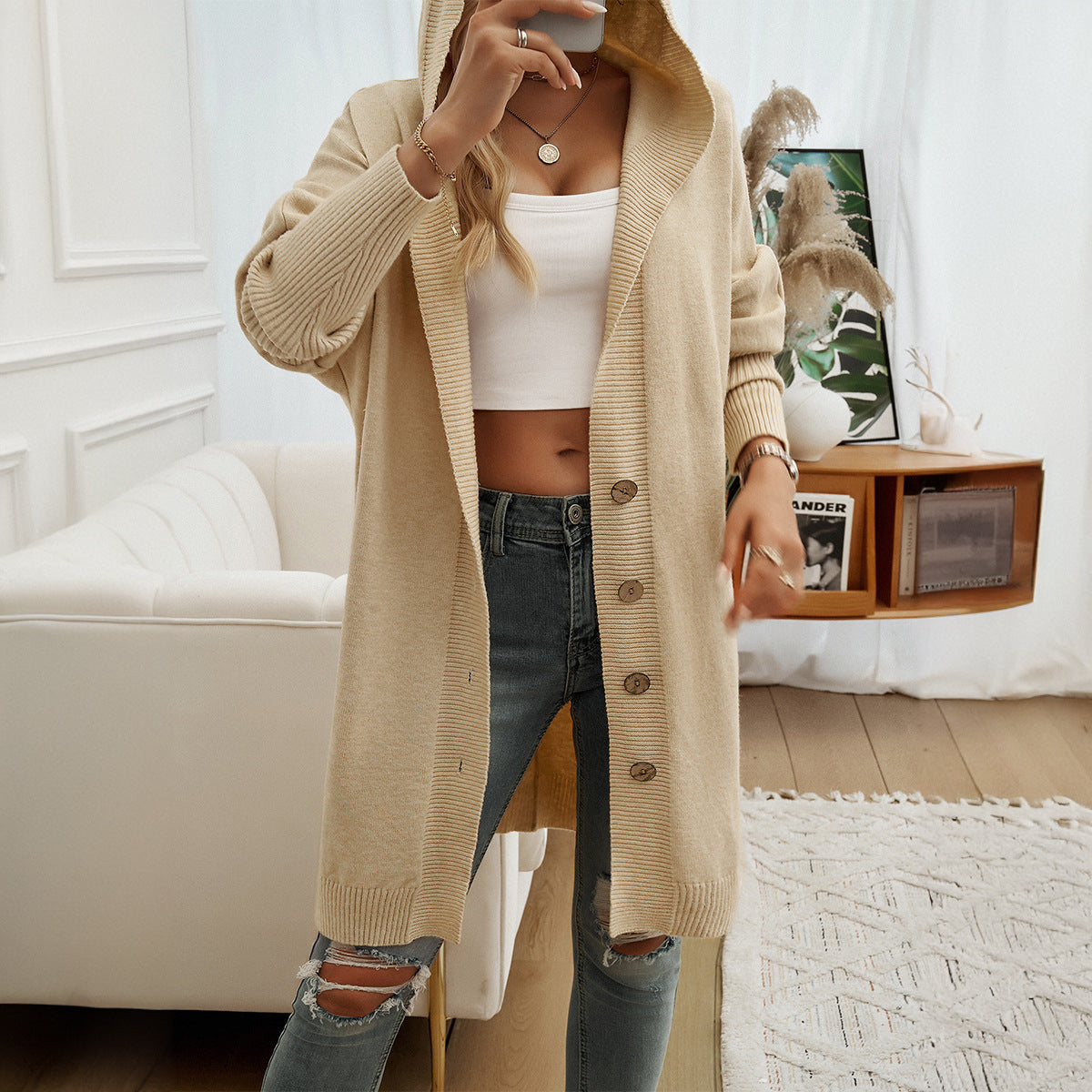 Autumn Winter Casual Loose Cardigan Breasted Hooded Sweater Coat Women Clothing