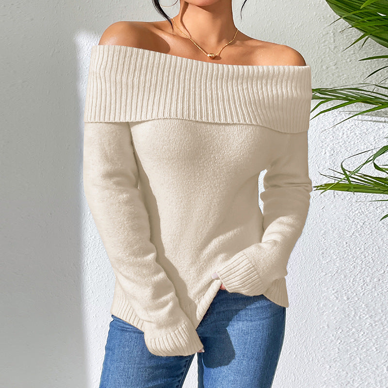 Women Clothing Slim Collared off Shoulder Sweater Sexy Knitted Sweater Solid Color Bottoming Sweater