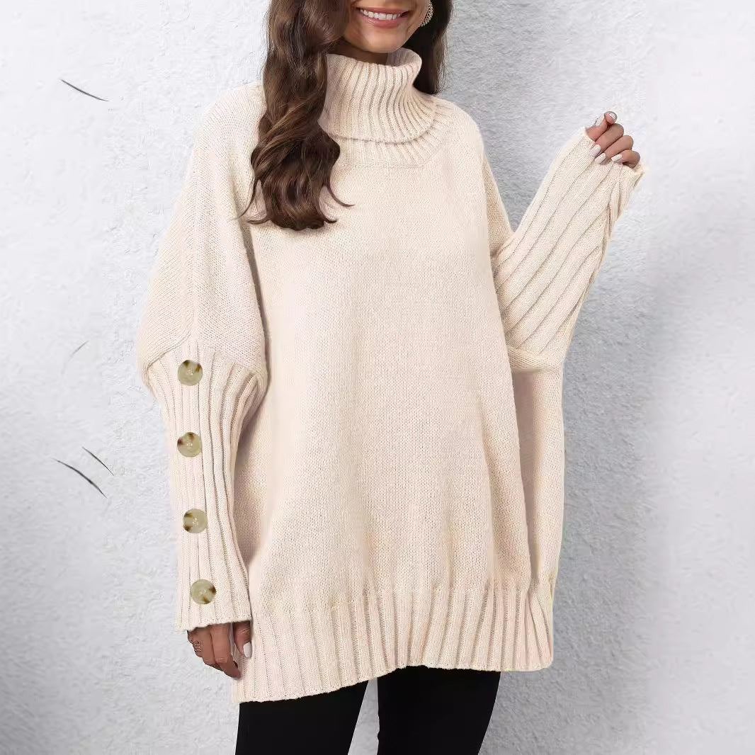 Pull à col roulé en tricot à boutons pour femme, couleur unie, ample et tissé