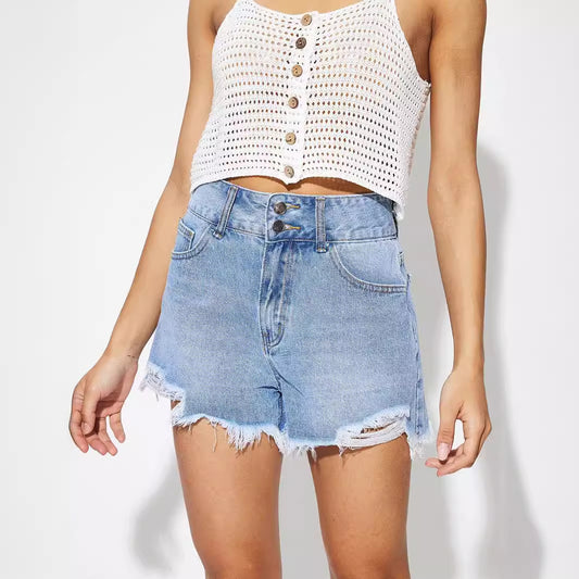 Short en jean décontracté taille haute avec ourlet brut pour femme