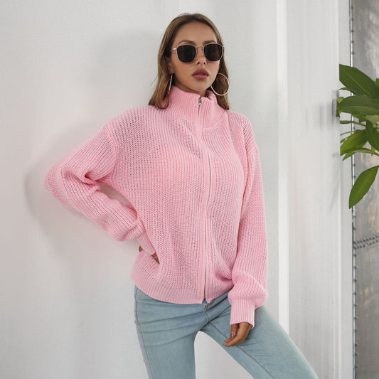 Zipper Sweater Coat Women Turtleneck Loose Knitted Women Long Sleeved Autumn Winter Women Cardigan