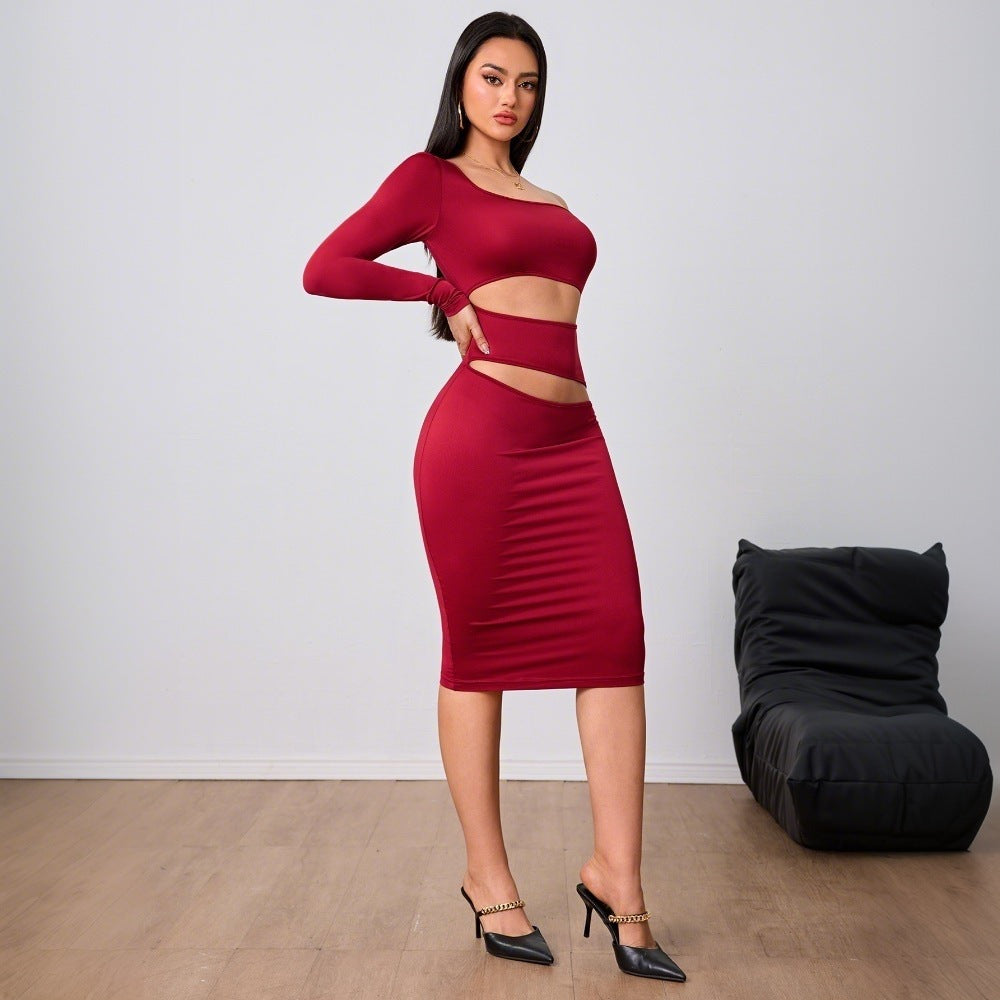 Robe de soirée rouge vin pour femme, tenue d'automne et d'hiver à manches simples